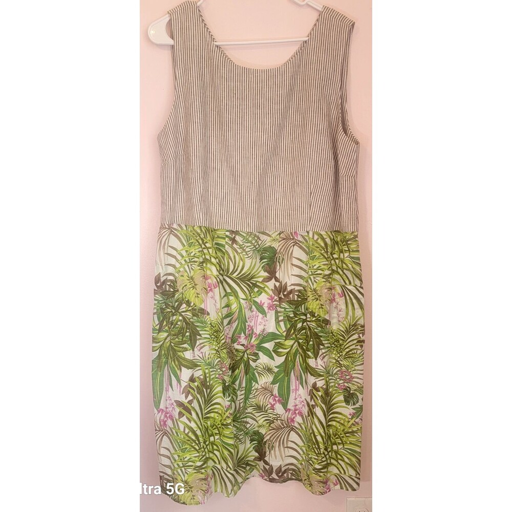 J Jill Women's Linen Striped and Cotton Palm Leaf Sleeveless Dress XL Petite